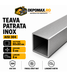 Teava patrata inox AISI 304, 80 x 80 x 5 mm, 6 metri